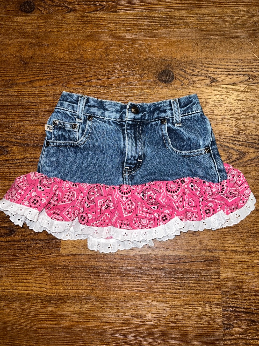 Vintage Denim Skirt Girls Blue Pink Bandana Ruffle Western High Sierra Size 3T